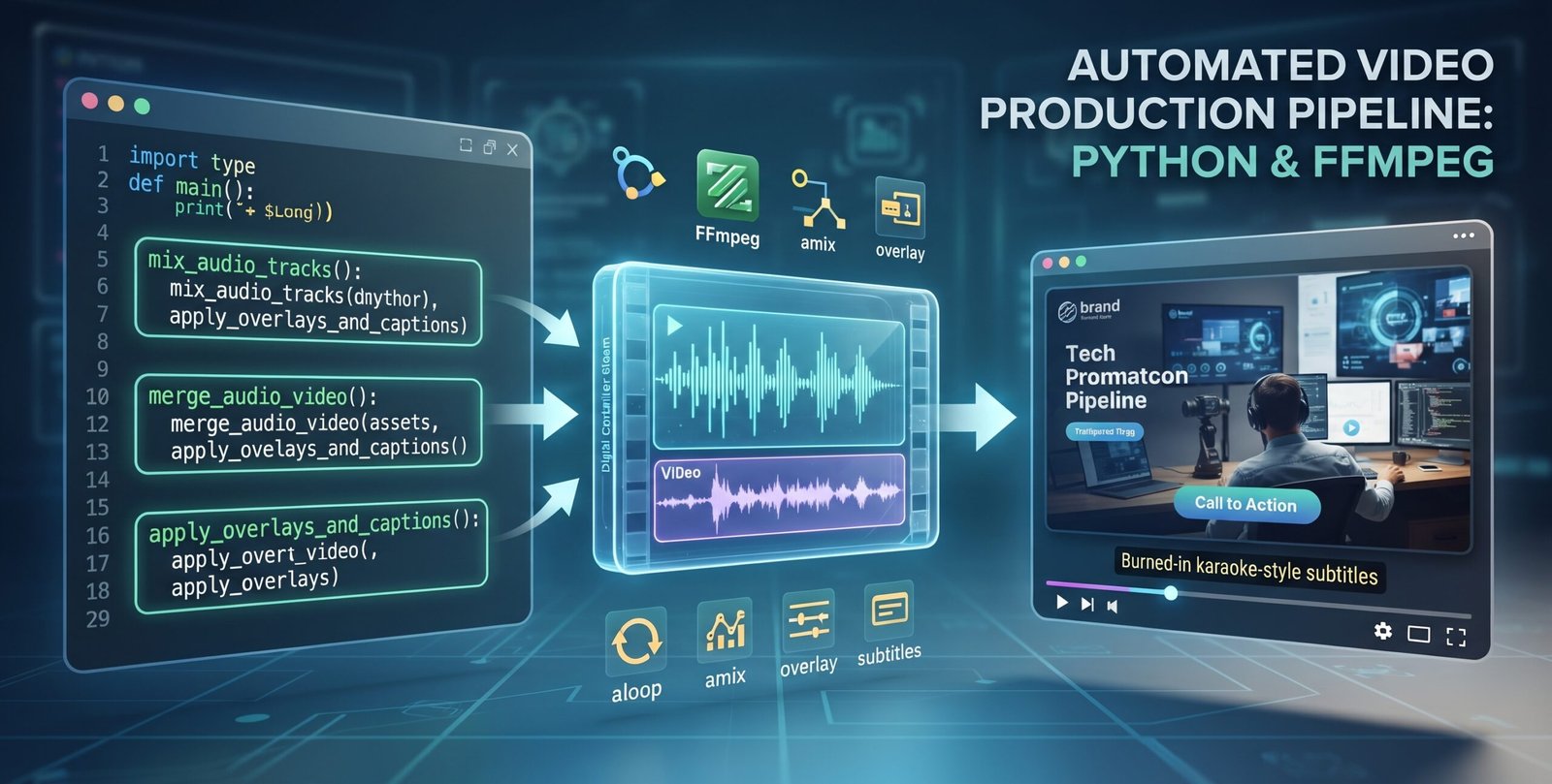 Conceptual workflow diagram of a Python and FFmpeg automated video production pipeline featuring code snippets, audio waveform mixing, and enhanced video output